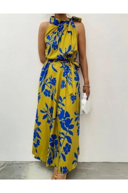 Long Dress with Tie Collar Detail and Pockets