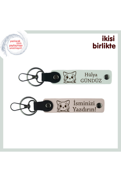 For Those Who Love Cat Lifestyle, Customizable Leather Keychain Set, White-Powder