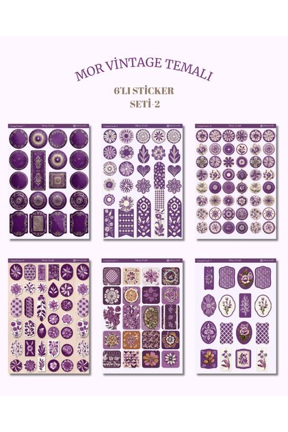 6'lı Mor Vintage Temalı Sticker Seti–12x17 cm|Bullet Journal, Scrapbook, Ajanda ve Planlayıcı İçin