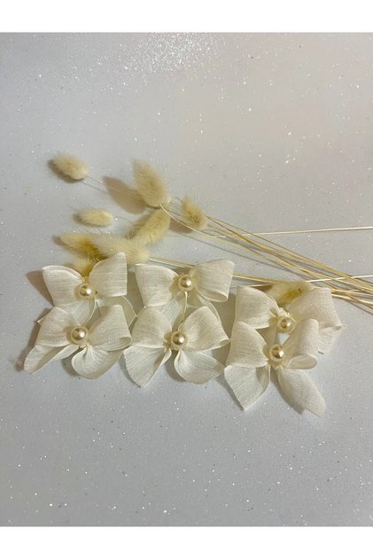 Pearl Detailed Cream Linen Ribbon Ready Bow - 25 Pieces