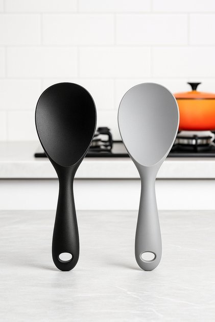Gray and Black Silicone Rice Spoon Set - 22.5 cm - Heat Resistant, Ergonomic Handle - Set of 2