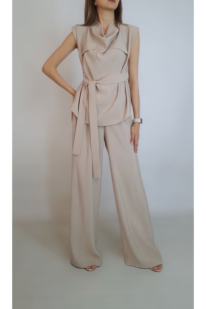 Women's Mink Color Dressed Standing Collar Belted Pants Modal Double Set Yy101266