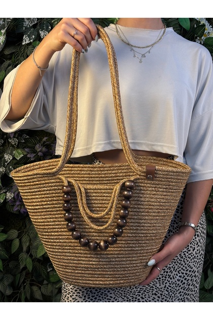 Fiona Stylish Straw Shoulder Bag with Natural Wooden Bead Detail