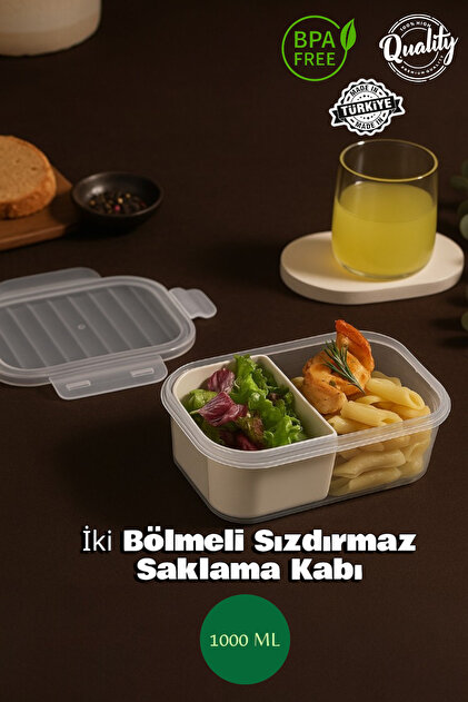 İki Bölmeli Şeffaf Sızdırmaz Kapaklı Saklama Kabı - Kahvaltılık - Beslenme Kabı -1000 ML