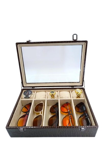 Diji 5 Glasses 5 Watch Box Watch and Glasses Bag Crocodile Brown Inside Cream Cream Padded