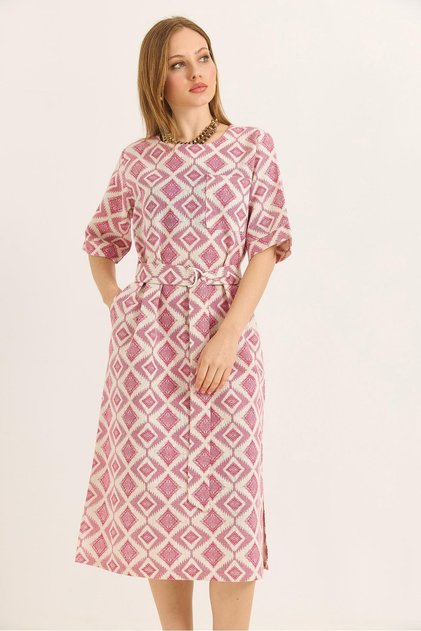 Pocket Belt Detailed Slit Woven Linen Dress White