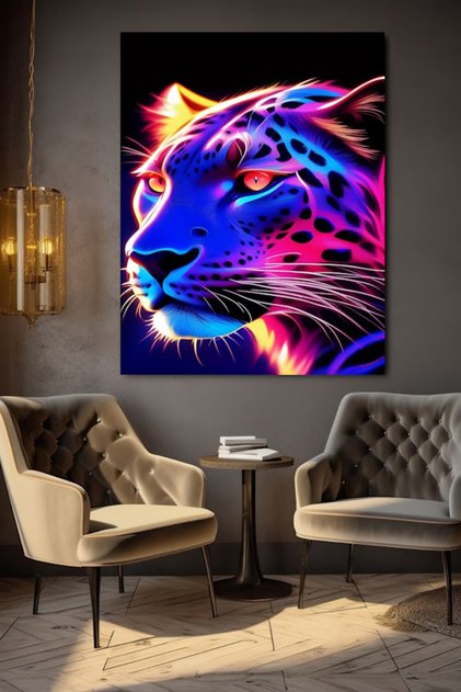 Tablou pe pânză cu leopard și reclamă neon, pentru perete acasă, living, birou, magazin, cadou, decorațiune, ornament.