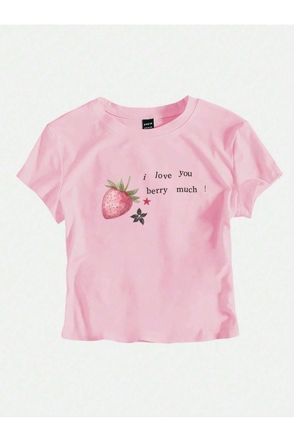 Women's Pink Strawberry Printed Crew Neck Tight Crop Tshirt