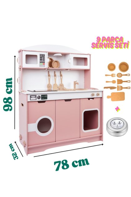 Led Ocaklı Ahşap Oyuncak Mutfak Tezgahı - Pembe
