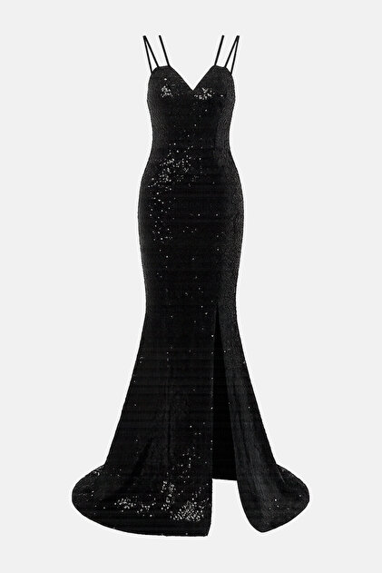 Trendyol Collection Black Bodycon Sequin Knitted Stylish Long Evening Dress  Night Graduation Dress Tpraw25Ae00019- Trendyol