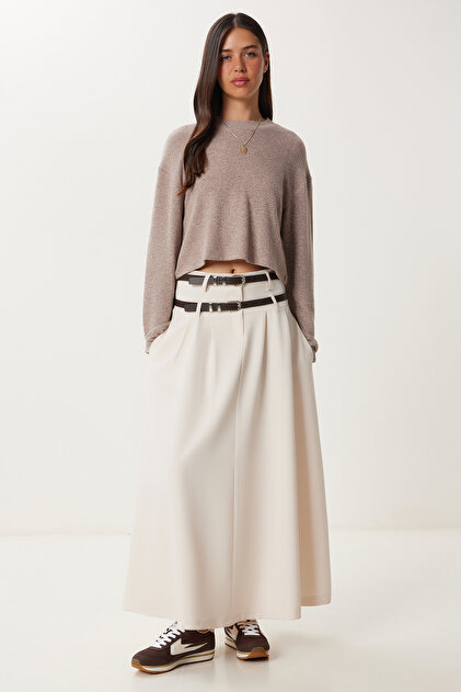 Happiness İstanbul Women's Cream Double Belted Flared Woven Skirt
