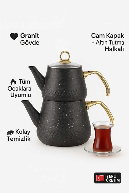 Granit Kaplama Gold Kulplu Cam Kapak Çaydanlık Siyah