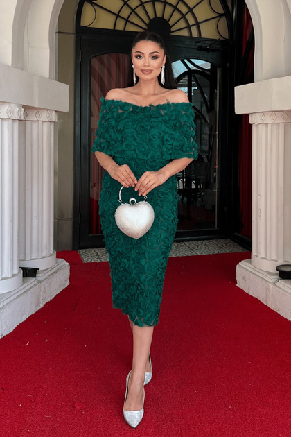 Rochie creion cu detaliu bolero din țesătură tridimensională - VERDE SMARAGD