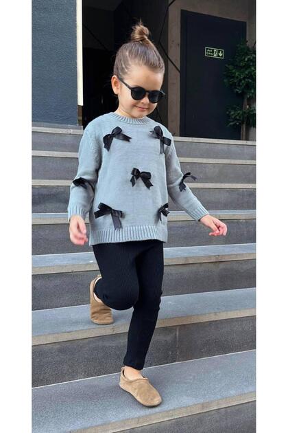 Knitwear Bow Detailed Sweater Leggings Top-Bottom Set Girl's Gray
