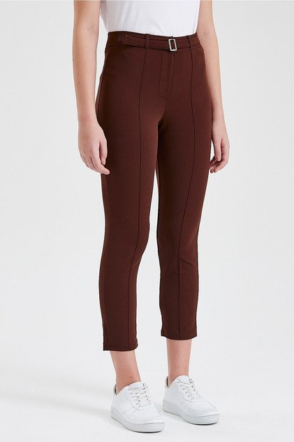 Women's Brown High Waist Slim Leg Buckle Fabric Trousers