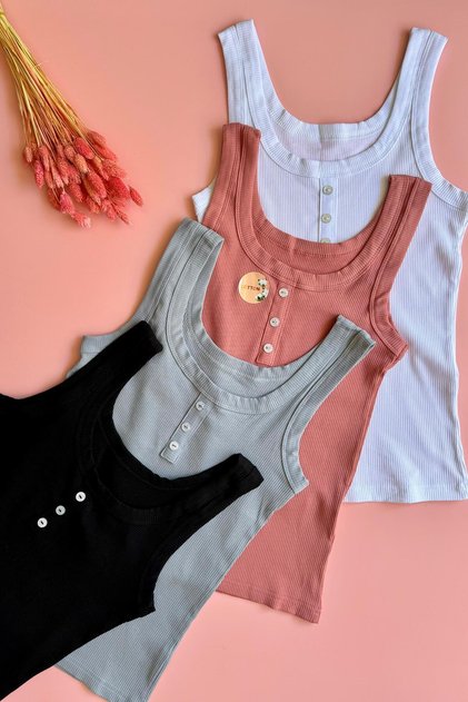 Button Detailed, 4 Pack Cotton, Blue, Rose K, Black and White Thick Strap Women T-Shirt Undershirt 64E63