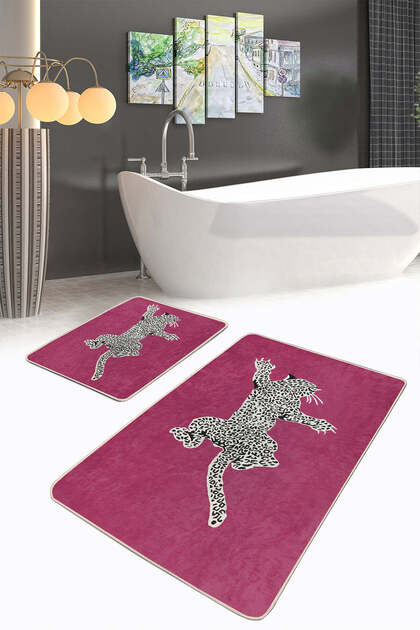 Leopard Patterned Fuchsia Floor Modern 2-Piece Non-Slip Base Washable Bath Mat Set