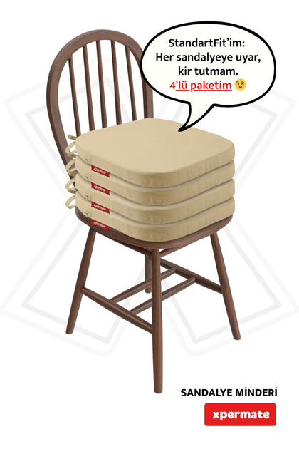 4’lü Sandalye Minderi 42x42 cm Yıkanabilir Fermuarlı Bağcıklı Bahçe Balkon Oval Su Yağ İtici Bej Standartfit