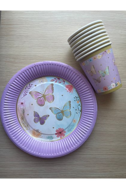 Butterfly Patterned Cardboard Plate Cup Set of 8