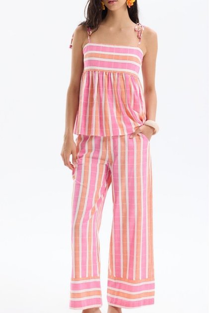 Lollipop Pastel Striped Loose Waist Loose Strap Colorful Summer Vacation Pants Blouse Set