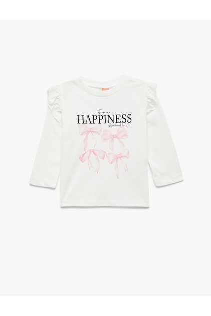 Bow Printed Long Sleeve Crew Neck Cotton T-Shirt