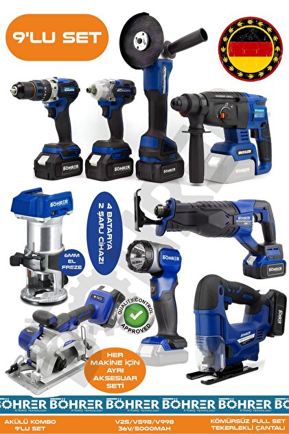 BÖHRER Alman 9 Makine Kombo Set BA01093M 4 Akülü 2 Şarjlı Kömürsüz