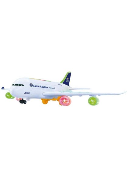 نموذج لعبة طائرة إيرباص A380 صغيرة تابعة للخطوط الجوية العربية السعودية مع أضواء وموسيقى للأطفال