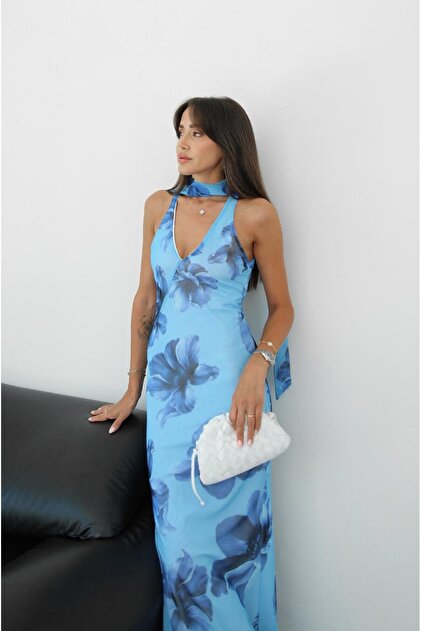 Havo Blue Orchid Patterned Belted Dress- Trendyol
