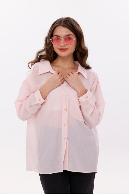 Women's Shirt Loose Oversized Pink Shirt Front Pocket Low Shoulder 100% Cotton Shirt