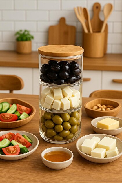 ENYAZA(2024) 3 Katlı Vakumlu Bambu Kapaklı Cam Şekerlik - Lokumluk