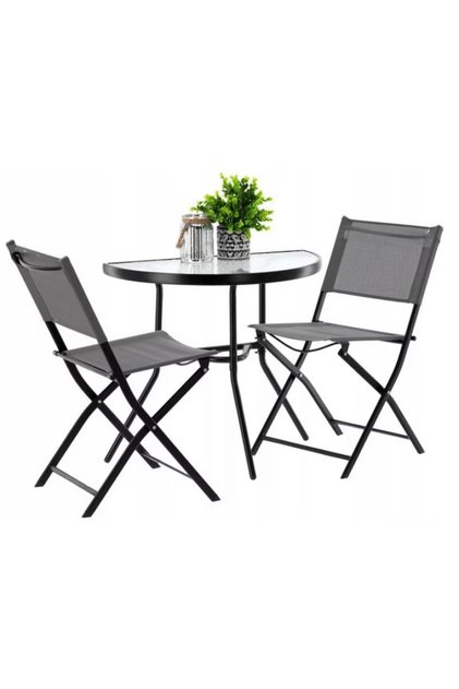 Set de mobilier pentru grădină sau balcon, masă semirotundă din sticlă cu 2 scaune pliante, negru