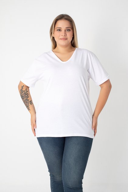 Slit Cotton Women's V-Neck Plus Size T-Shirt