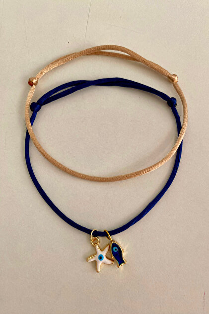 2-Piece Anklet Navy Blue Beige, Star and Fish Figure Flocked Rope Lock