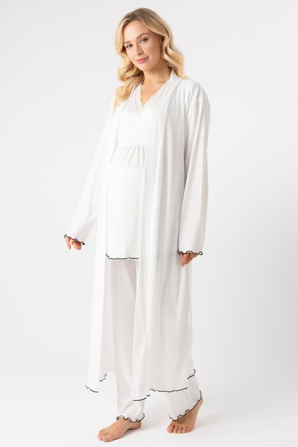 Self-Patterned Long Dress Breastfeeding Detailed 3-Piece Pajama Set