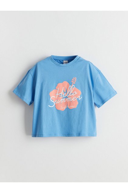 Lcw Kids Blue Crew Neck Floral Combed Cotton Girls T-Shirt