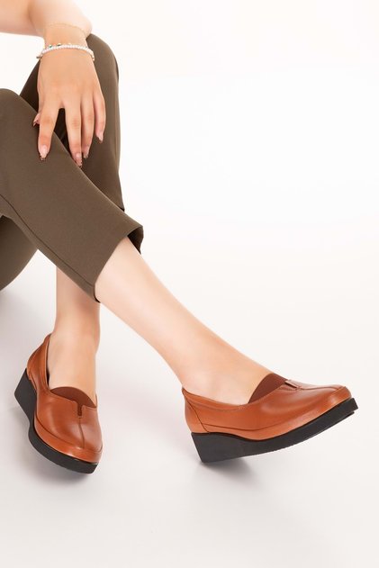 Genuine Leather Inside and Outside Soft Textured Casual Shoes Ndr.101 Tan