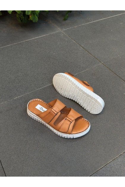 Diva Tan Leather Double Velcro Women's Orthopedic Slippers