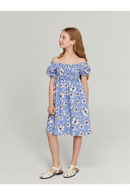 Lcw Kids Blue Square Neck Floral Girl's Dress