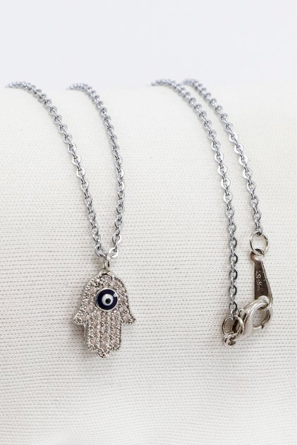 Silver Colored Shiny Stone Evil Eye Hamse Lacquer Coated Bijoux Necklace (Chain 45 cm)