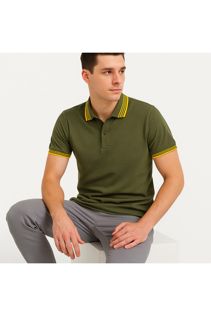 2988 Premium Olive Polo Shirt Featuring Yellow Contrast Collar and Cuffs Polo Collar T-Shirt