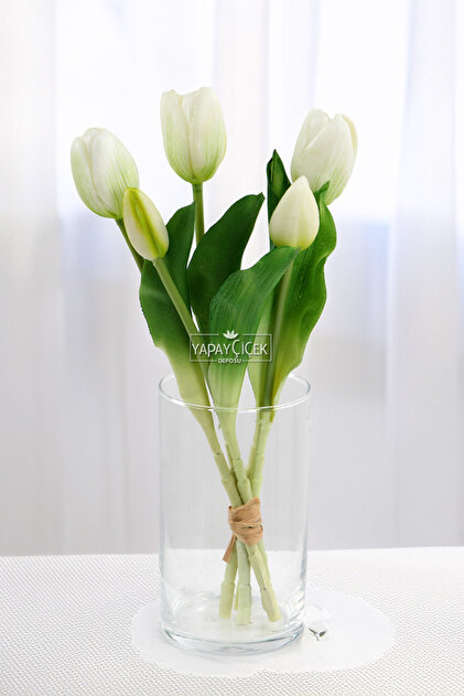 Gerçek Dokulu Lüx 5 Dallı Tulipa Lale Buketi Beyaz