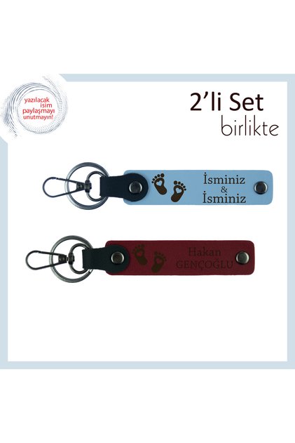 Personalized Set of 2 Leather, Sky Blue-Claret Red, Baby Foot Keychain with Heart Carrying Mom and Dad's Name