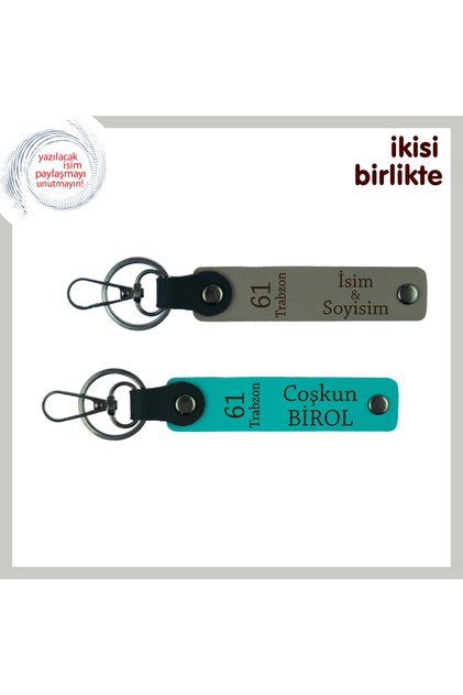 Practical Gift for Tezcanlı with Black Sea, 61 Written Leather Keychain Set, Ash Gray-Dark Turquoise
