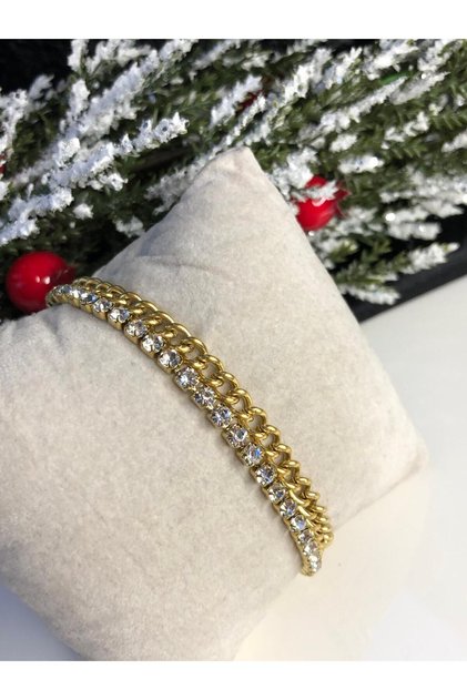 Waterway Gurmet Chain Detailed White Zirconia Stone Steel Bracelet for Lover Wife Mother