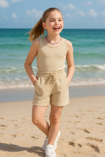 Girl's Summer Ribbed Camisole Shorts Set Cotton Pocket Stylish and Comfortable Daily Combination