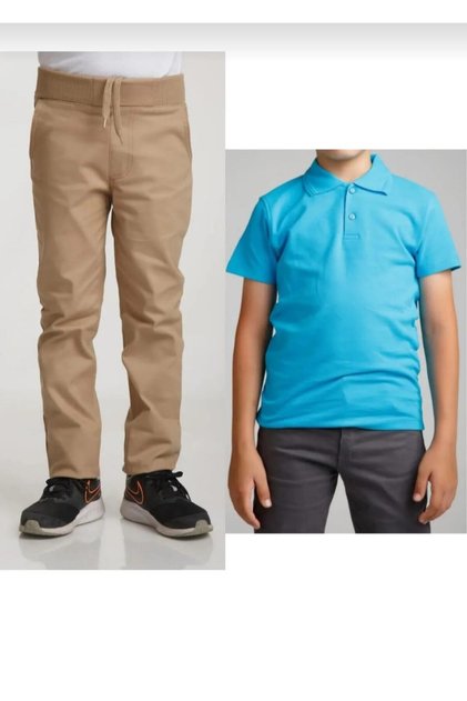 Children's Beige Linen (Elastic Waist) Pants Turquoise Short Sleeve School Lakos
