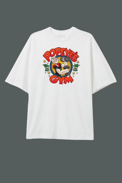 Popeyes Gym Printed Oversize White T-Shirt