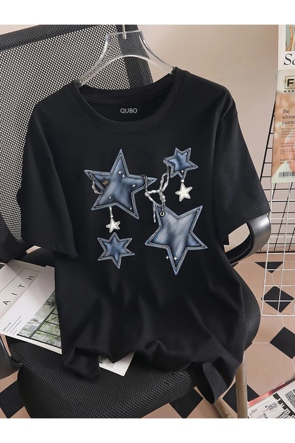 qubo Unisex Oversize bedrucktes Baumwoll-T-Shirt mit Rundhalsausschnitt und kurzen Ärmeln SCHWARZ