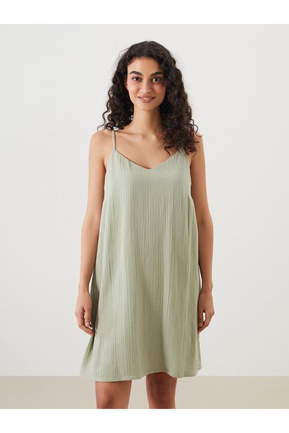 Lcw Dream Green V-Neck Textured Strap Women's Nightgown