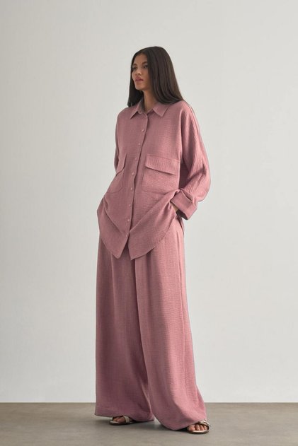 Keten Dokulu Beli Lastikli Pudra Pembe Bol Kesim Pantolon